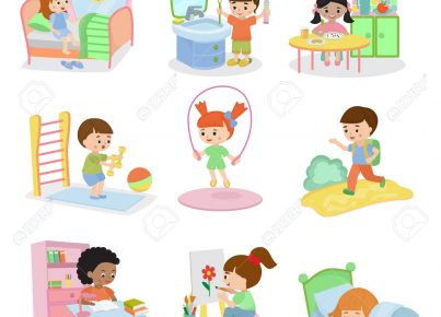 Kids everyday activities set children daily activity routine in childhood character active child eating or studying illustration sleeping girl or playing boy in childroom